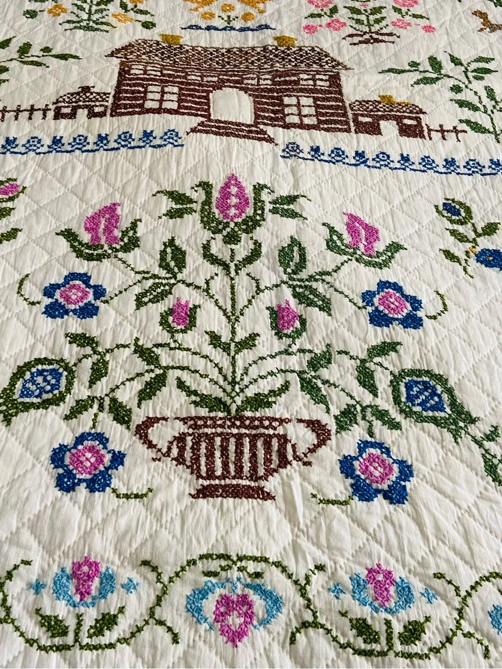 Vintage American Sampler Embroidered Hand Stitched Quilt Cottagecore Decor!